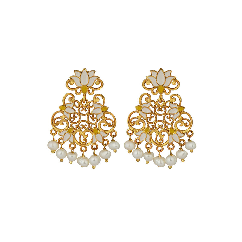 ZARIIN 22KT Gold Plated in White Enamel Mystic Lotus Stud Earrings