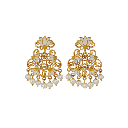 ZARIIN 22KT Gold Plated in White Enamel Mystic Lotus Stud Earrings