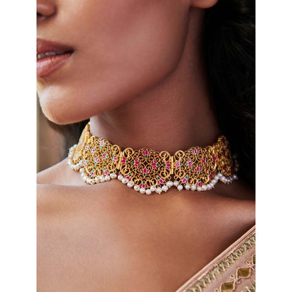 ZARIIN 22KT Gold Dipped in Pink Enamel Lotus Lace Choker Necklace