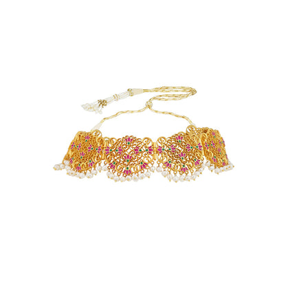 ZARIIN 22KT Gold Dipped in Pink Enamel Lotus Lace Choker Necklace