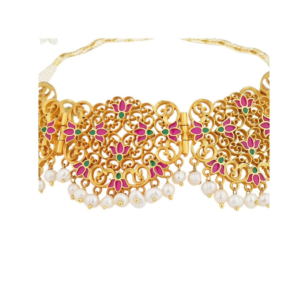 ZARIIN 22KT Gold Dipped in Pink Enamel Lotus Lace Choker Necklace