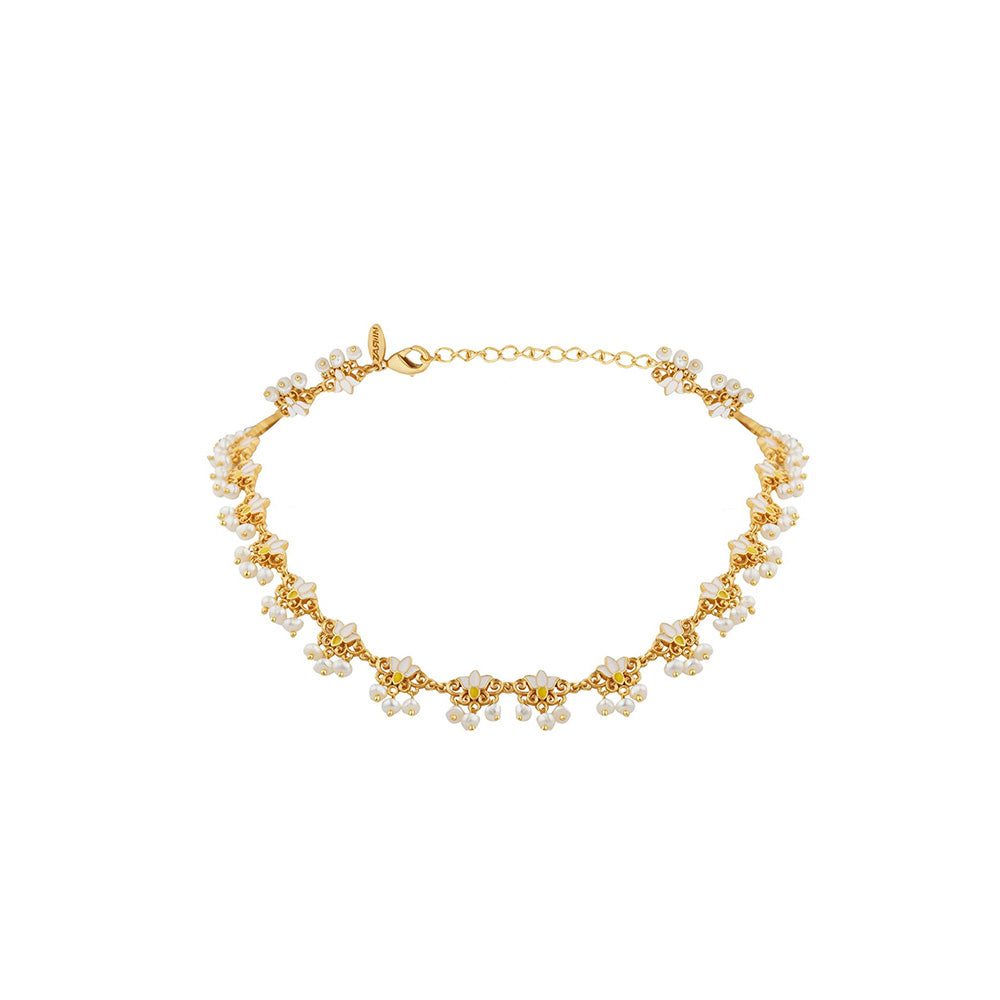 ZARIIN 22KT Gold Dipped in White Enamel Lotus Silk Delicate Collar Necklace