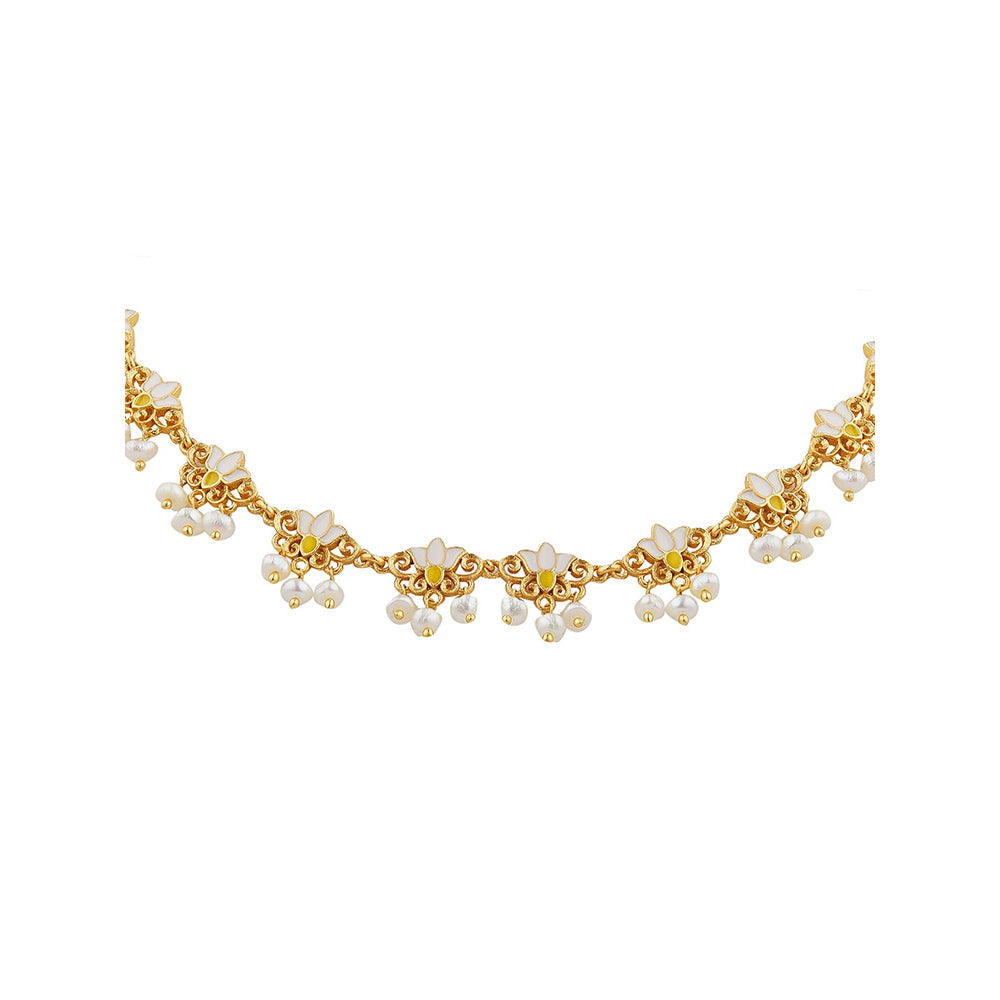 ZARIIN 22KT Gold Dipped in White Enamel Lotus Silk Delicate Collar Necklace