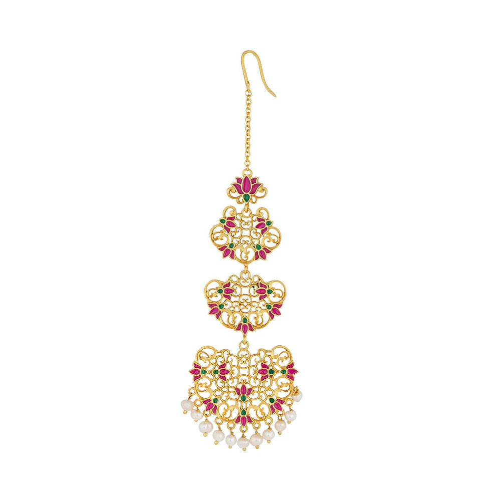 ZARIIN 22KT Gold Dipped in Pink Enamel Goddess Lotus Maang Tikka