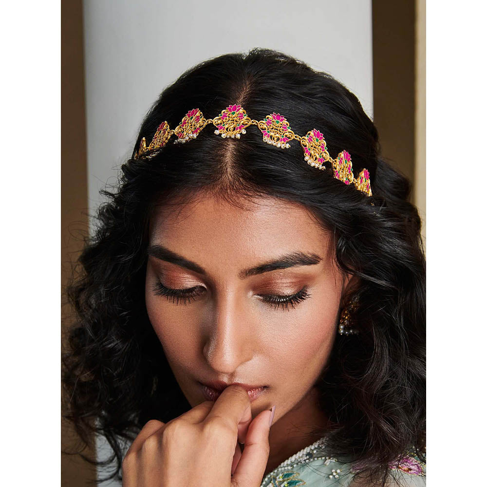 ZARIIN 22KT Gold Dipped in Pink Enamel Poets Delight Lotus Maatha Patti