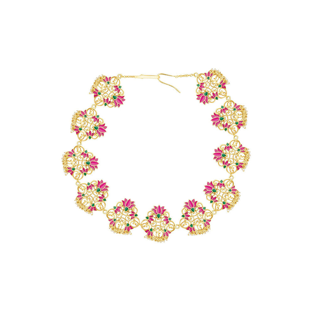 ZARIIN 22KT Gold Dipped in Pink Enamel Poets Delight Lotus Maatha Patti