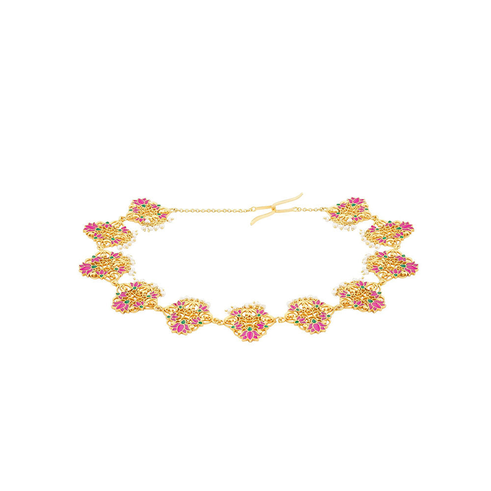 ZARIIN 22KT Gold Dipped in Pink Enamel Poets Delight Lotus Maatha Patti