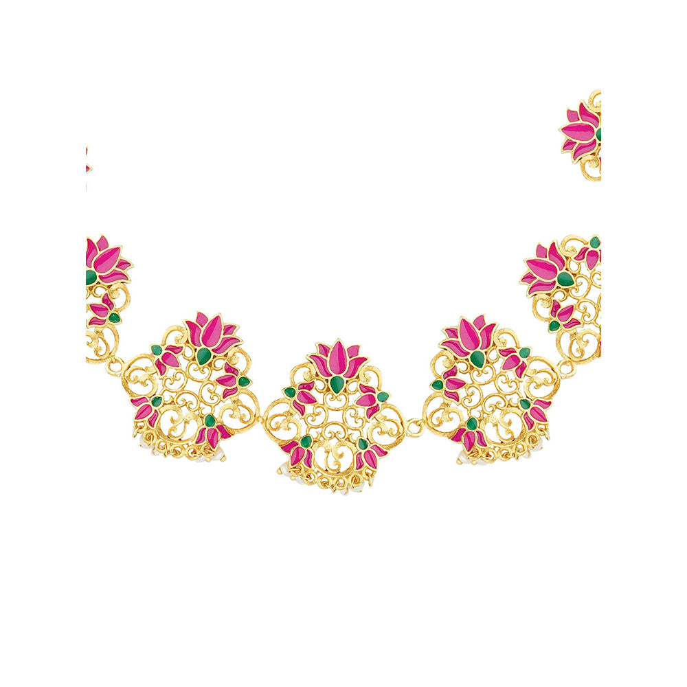 ZARIIN 22KT Gold Dipped in Pink Enamel Poets Delight Lotus Maatha Patti