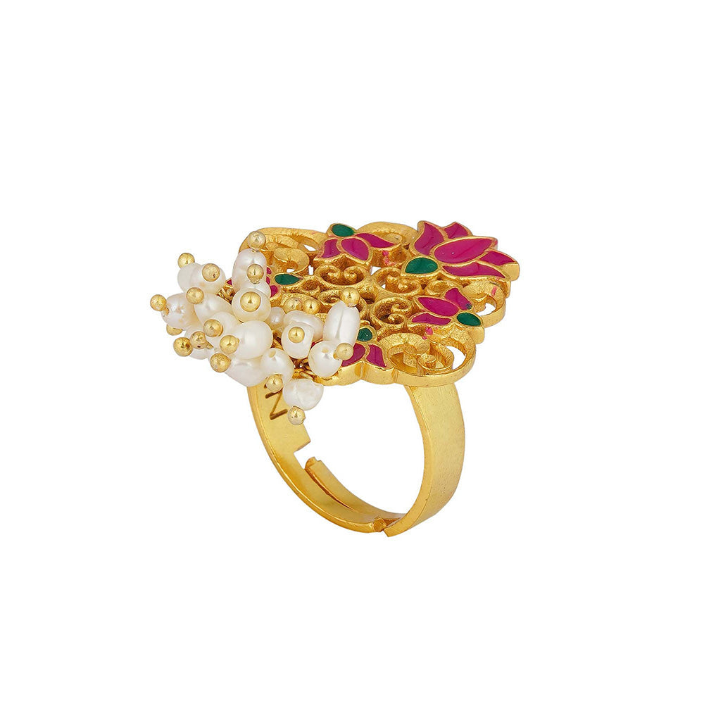 ZARIIN 22KT Gold Dipped in Pink Enamel Song of Water Lotus Ring