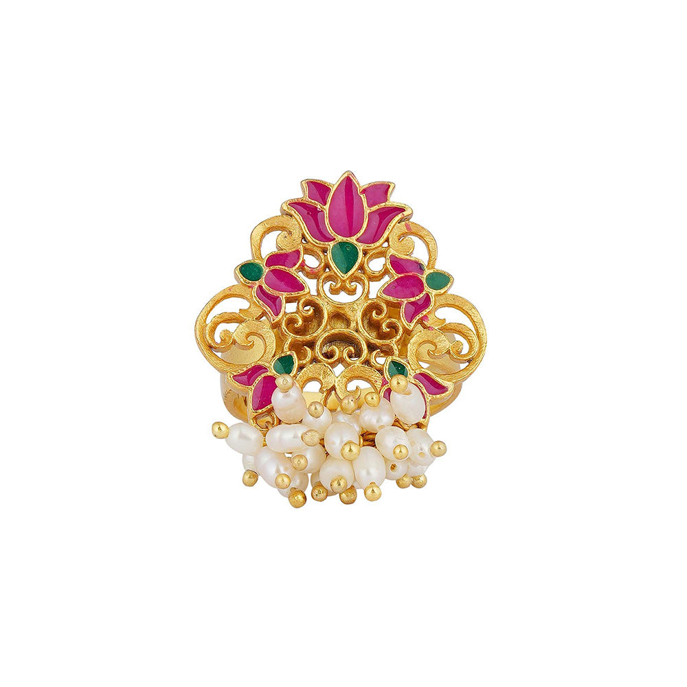 ZARIIN 22KT Gold Dipped in Pink Enamel Song of Water Lotus Ring