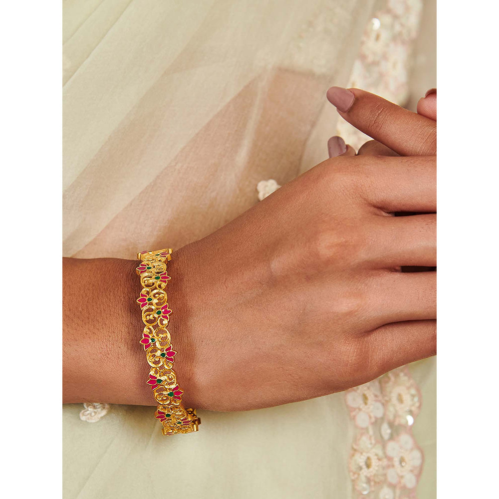 ZARIIN 22KT Gold Dipped in Pink Enamel Blooming Tales Lotus Bangle
