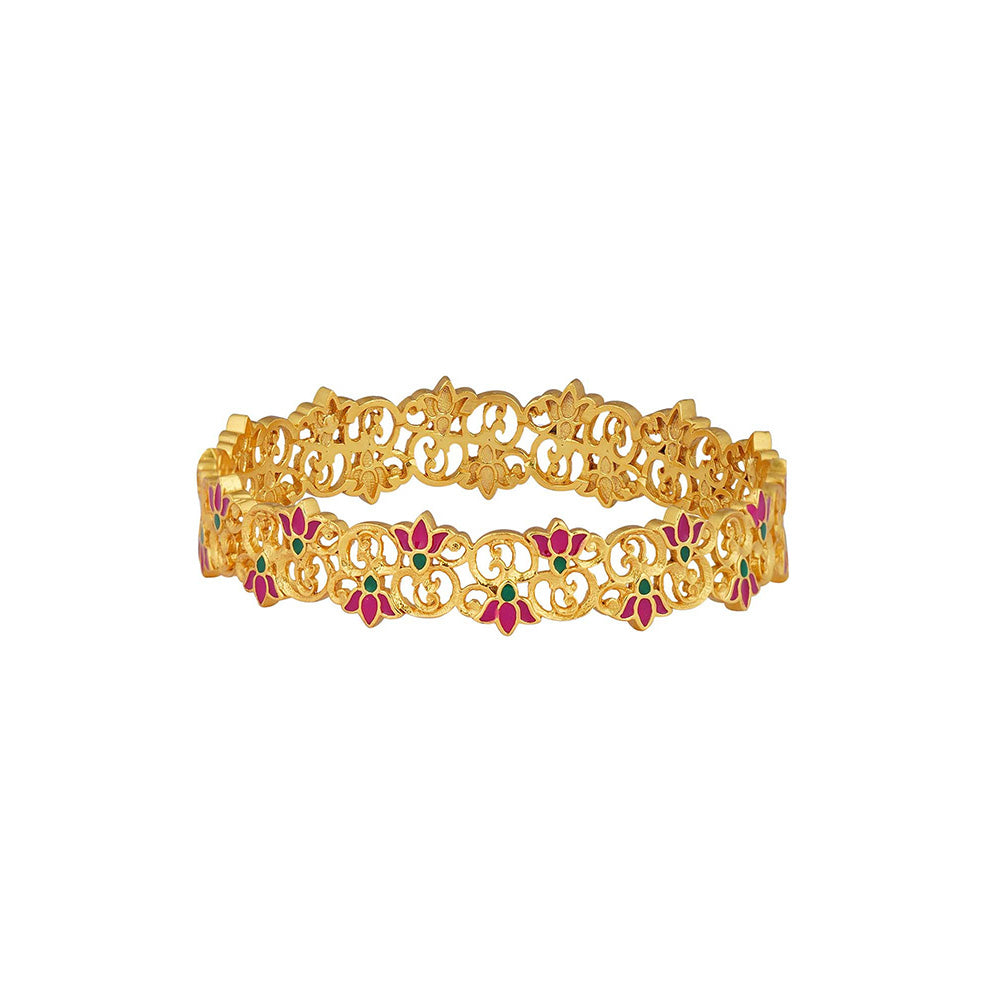 ZARIIN 22KT Gold Dipped in Pink Enamel Blooming Tales Lotus Bangle