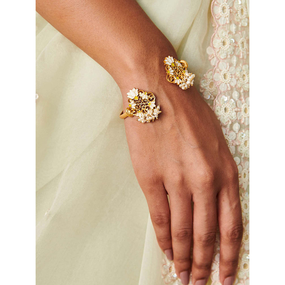 ZARIIN 22KT Gold Dipped in White Glory Lotus Cuff Bracelet