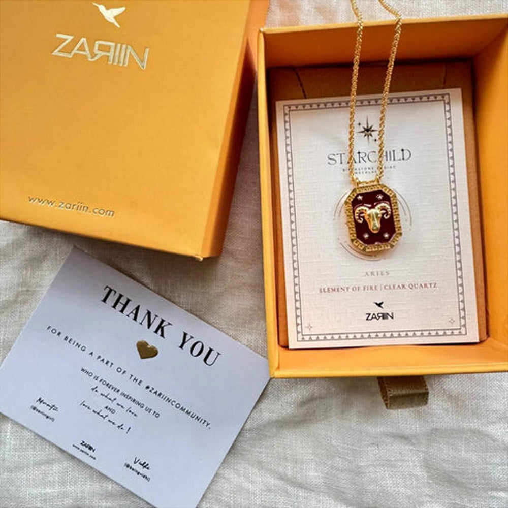 ZARIIN Aries Zodiac Tablet Reversible Necklace With Clear Quartz