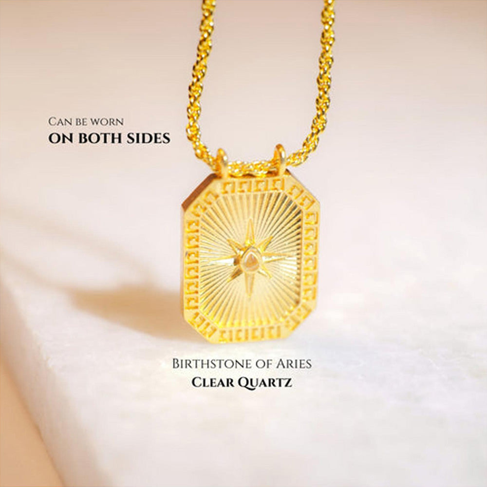 ZARIIN Aries Zodiac Tablet Reversible Necklace With Clear Quartz