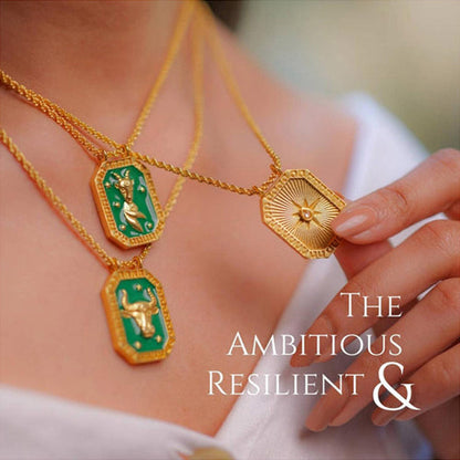 ZARIIN Capricorn Zodiac Tablet Reversible Necklace With Garnet