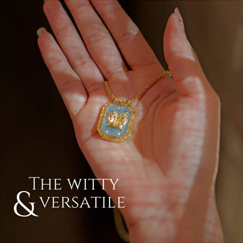 ZARIIN Gemini Zodiac Tablet Reversible Necklace With Pearl