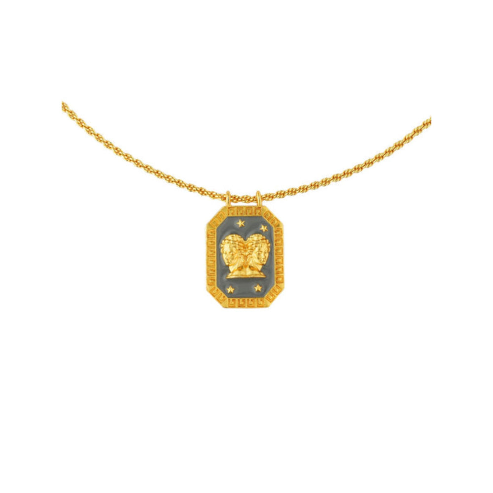 ZARIIN Gemini Zodiac Tablet Reversible Necklace With Pearl