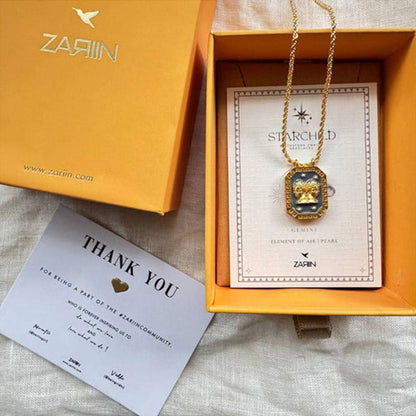 ZARIIN Gemini Zodiac Tablet Reversible Necklace With Pearl