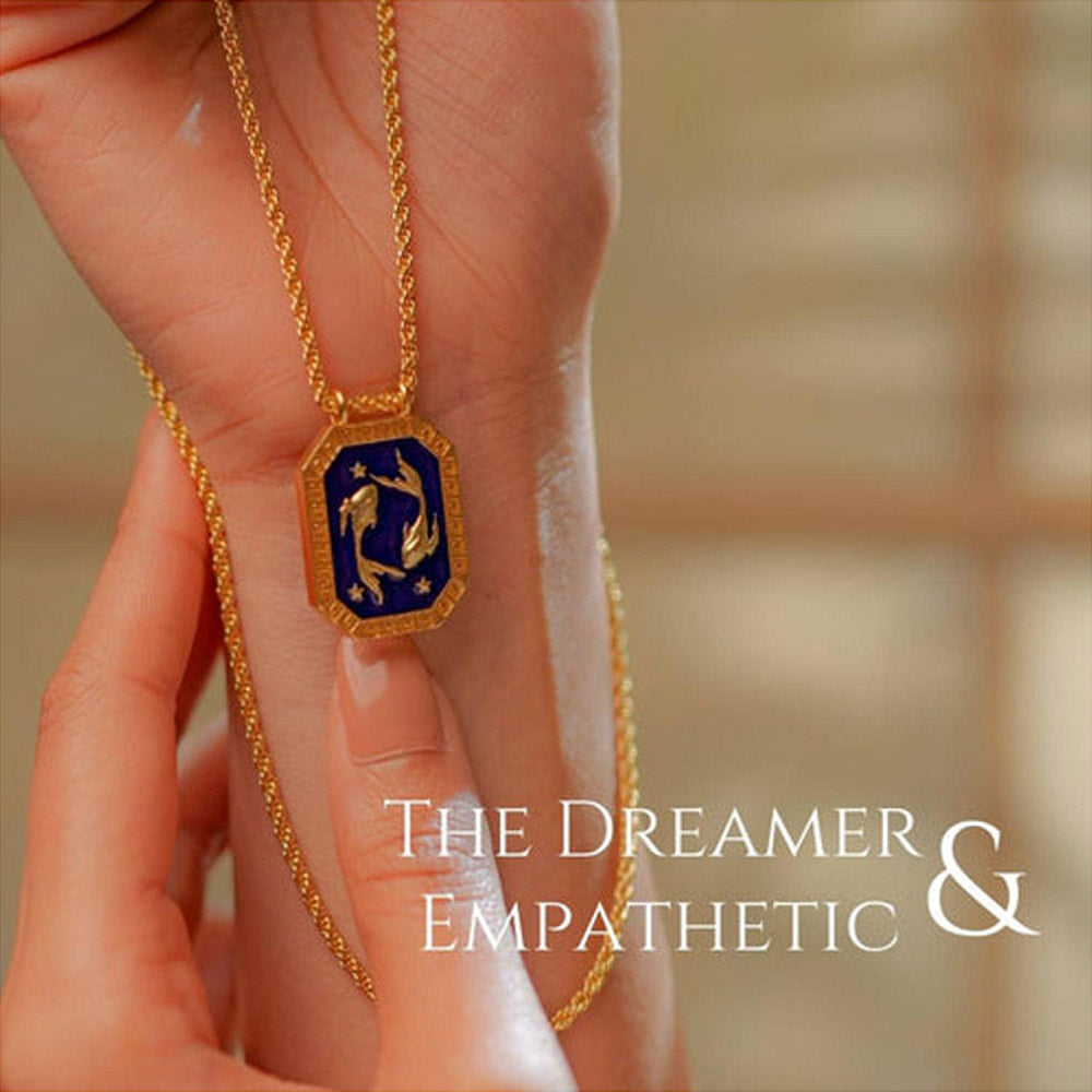 ZARIIN Pisces Zodiac Tablet Reversible Necklace With Aquamarine