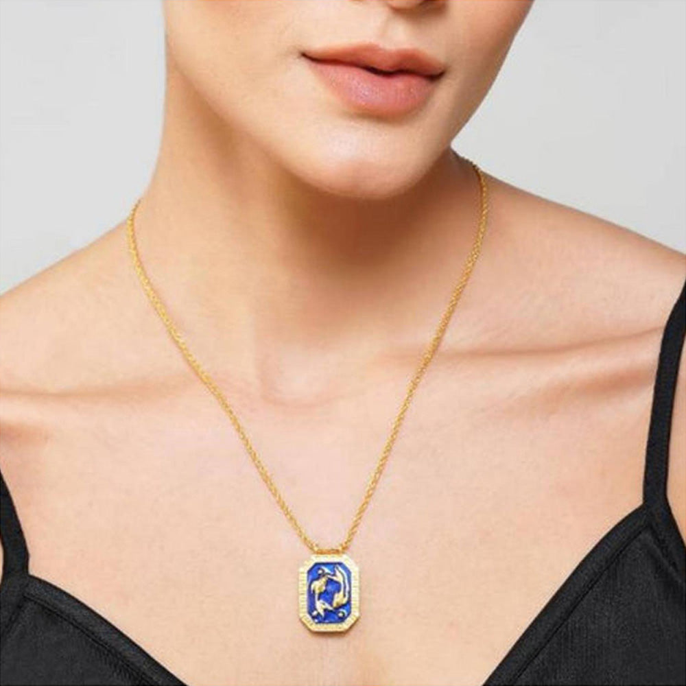 ZARIIN Pisces Zodiac Tablet Reversible Necklace With Aquamarine