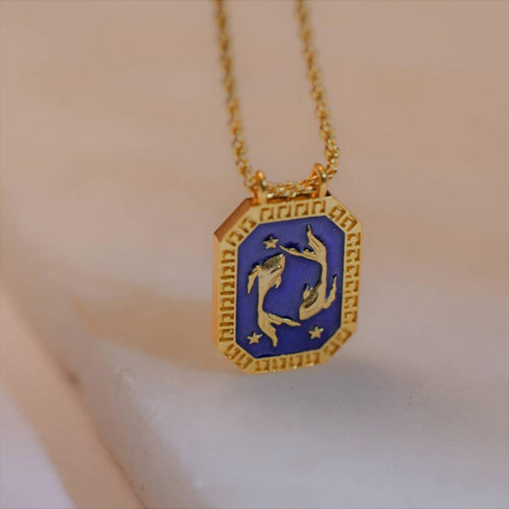 ZARIIN Pisces Zodiac Tablet Reversible Necklace With Aquamarine