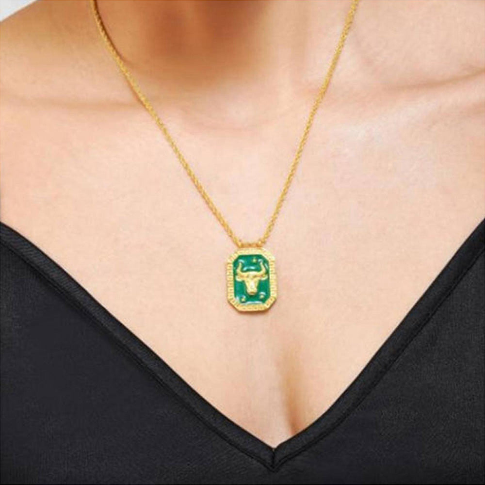 ZARIIN Taurus Zodiac Tablet Reversible Necklace With Chrysoprase