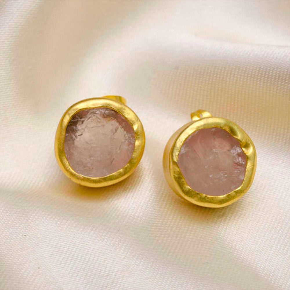 ZARIIN The Spirited Gold Stud Earrings With Rose Quartz