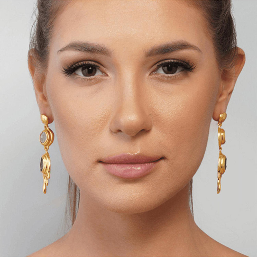 ZARIIN Molten Two Drop Earrings With Rose Quartz And Amethyst