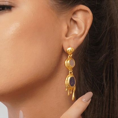 ZARIIN Molten Two Drop Earrings With Rose Quartz And Amethyst