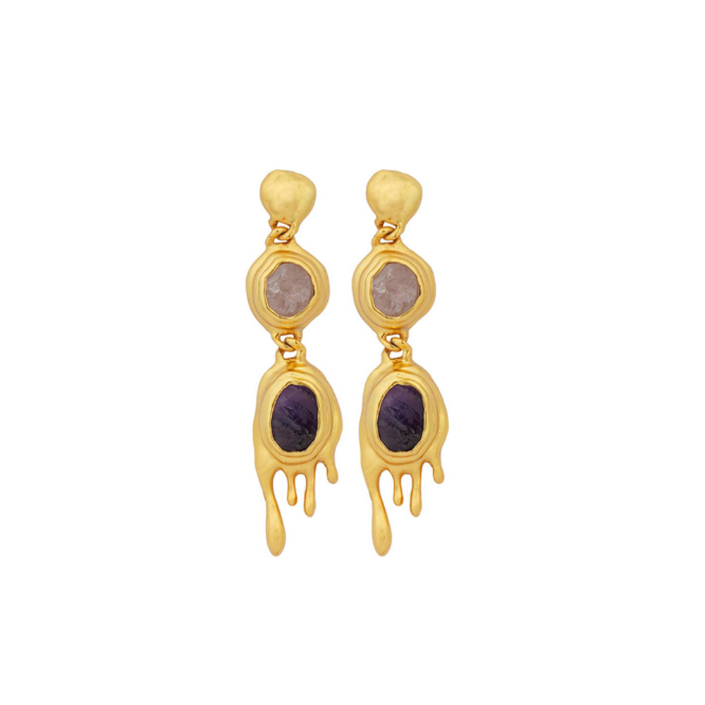 ZARIIN Molten Two Drop Earrings With Rose Quartz And Amethyst