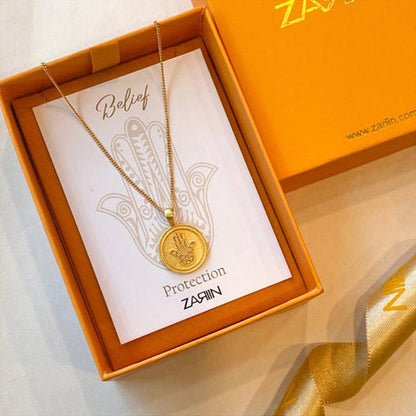 ZARIIN Power Of Belief Coin Necklace - Hamsa Hand