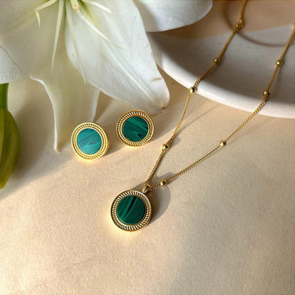 ZARIIN Harmony Pendant Necklace And Stud Earrings Set - Malachite