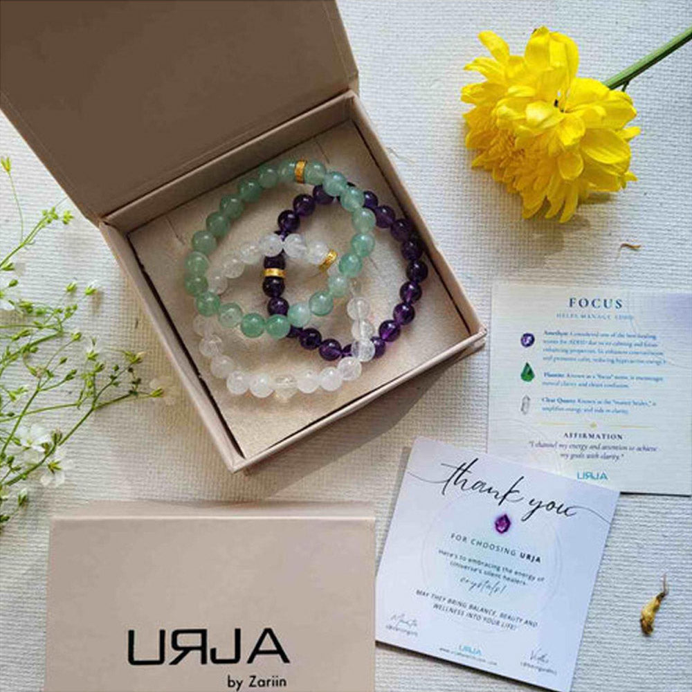 ZARIIN Bracelet Set For Focus And Mental Clarity - Flourite, Amethyst And Clear Quartz