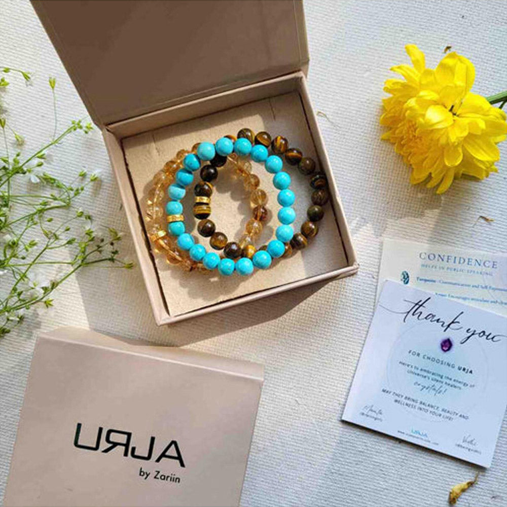 ZARIIN Bracelet Set For Confidence And Public Speaking - Tiger S Eye, Citrine And Turquoise