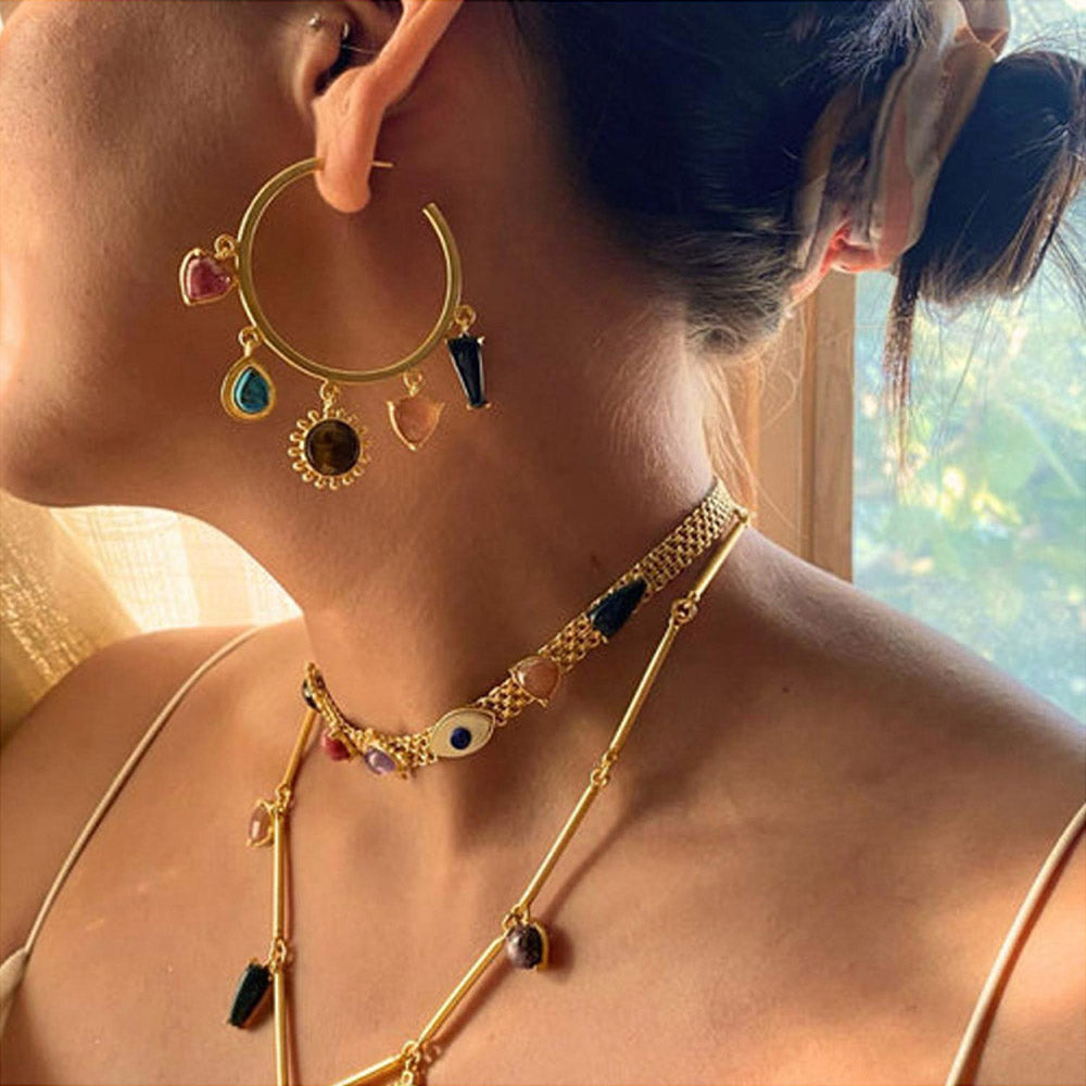 ZARIIN Layered Goddess Necklace Look (Set Of 3, Earrings, Necklace And Choker)