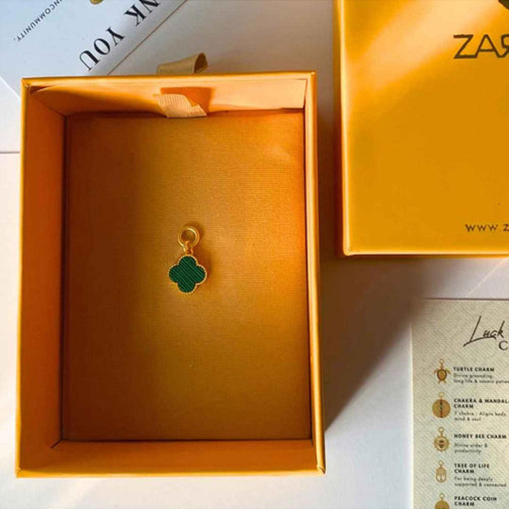 ZARIIN Four Leaf Clover Charm With Malachite For Transformation And Protection