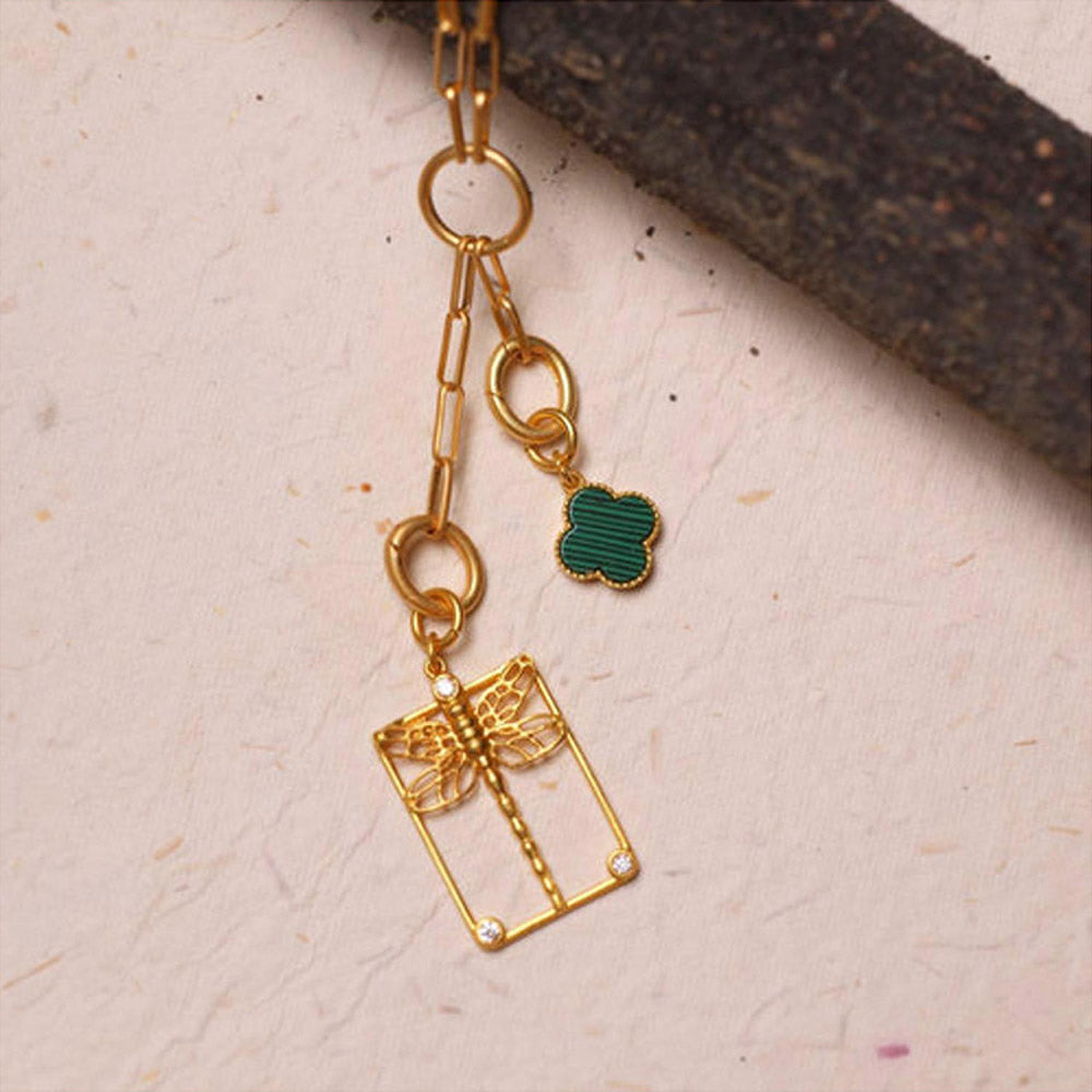 ZARIIN Four Leaf Clover Charm With Malachite For Transformation And Protection