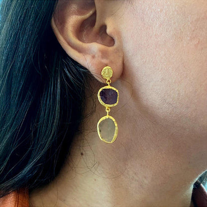 ZARIIN The Spirited Two Stone Gold Earrings With Amethys And Green Amethyst