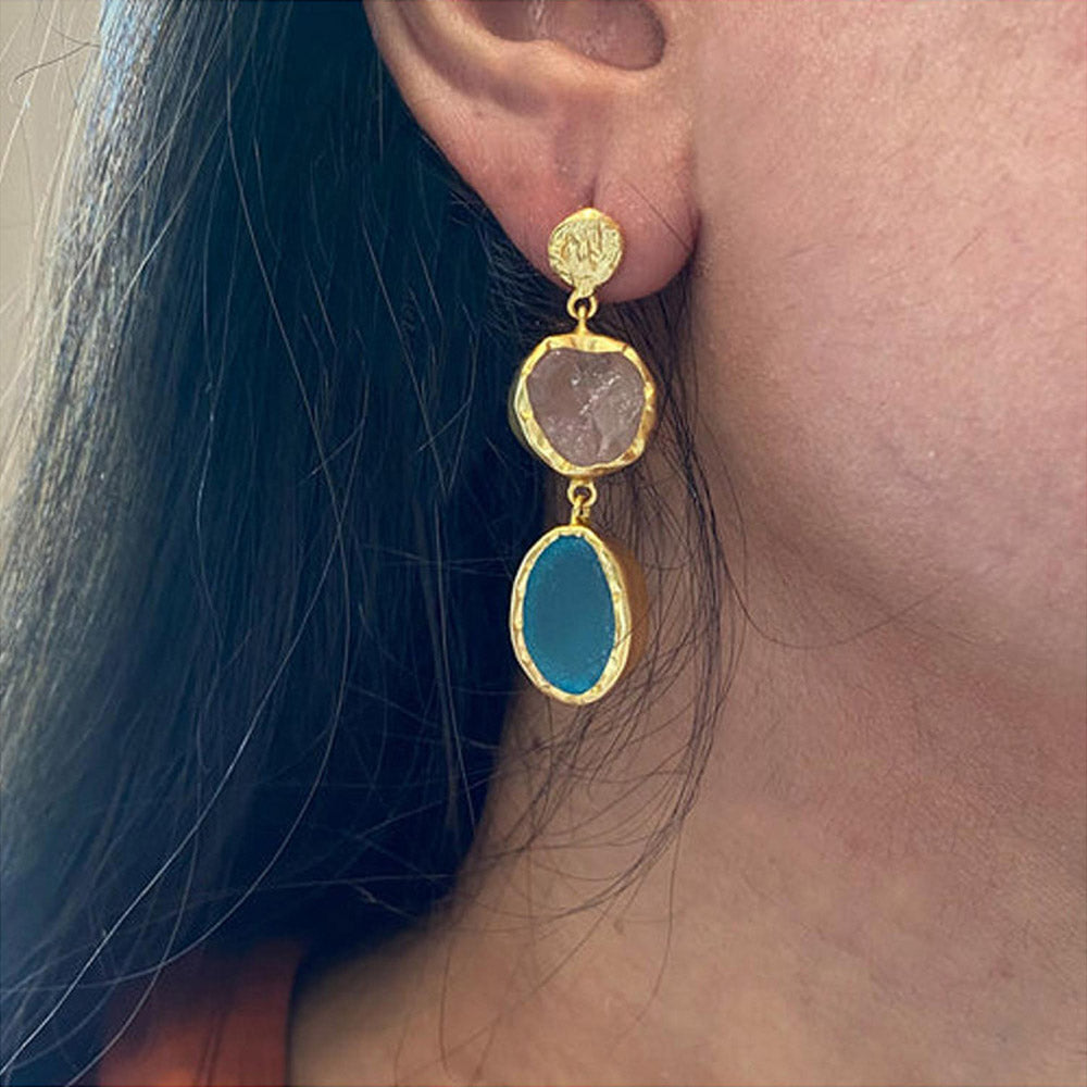 ZARIIN The Spirited Two Stone Gold Earrings With Rose Quartz And Blue Topaz