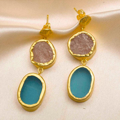 ZARIIN The Spirited Two Stone Gold Earrings With Rose Quartz And Blue Topaz