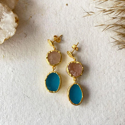 ZARIIN The Spirited Two Stone Gold Earrings With Rose Quartz And Blue Topaz