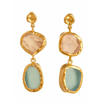 ZARIIN The Spirited Two Stone Gold Earrings With Rose Quartz And Blue Topaz