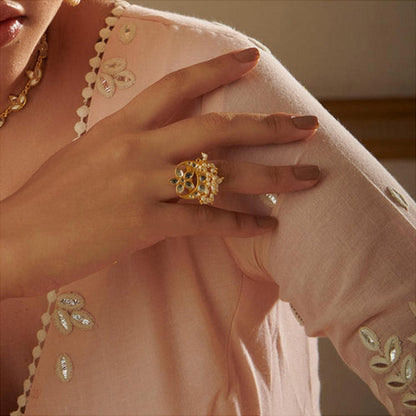 ZARIIN Chaand Phool Ring With Mirror Polki And Pearls