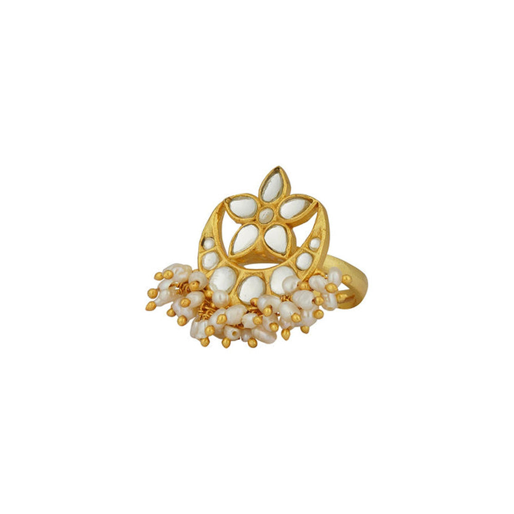 ZARIIN Chaand Phool Ring With Mirror Polki And Pearls