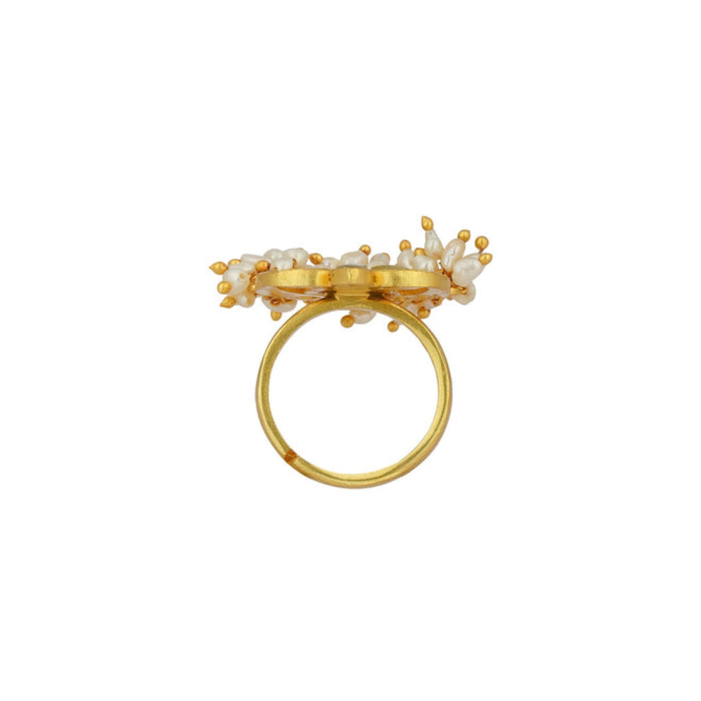 ZARIIN Chaand Phool Ring With Mirror Polki And Pearls