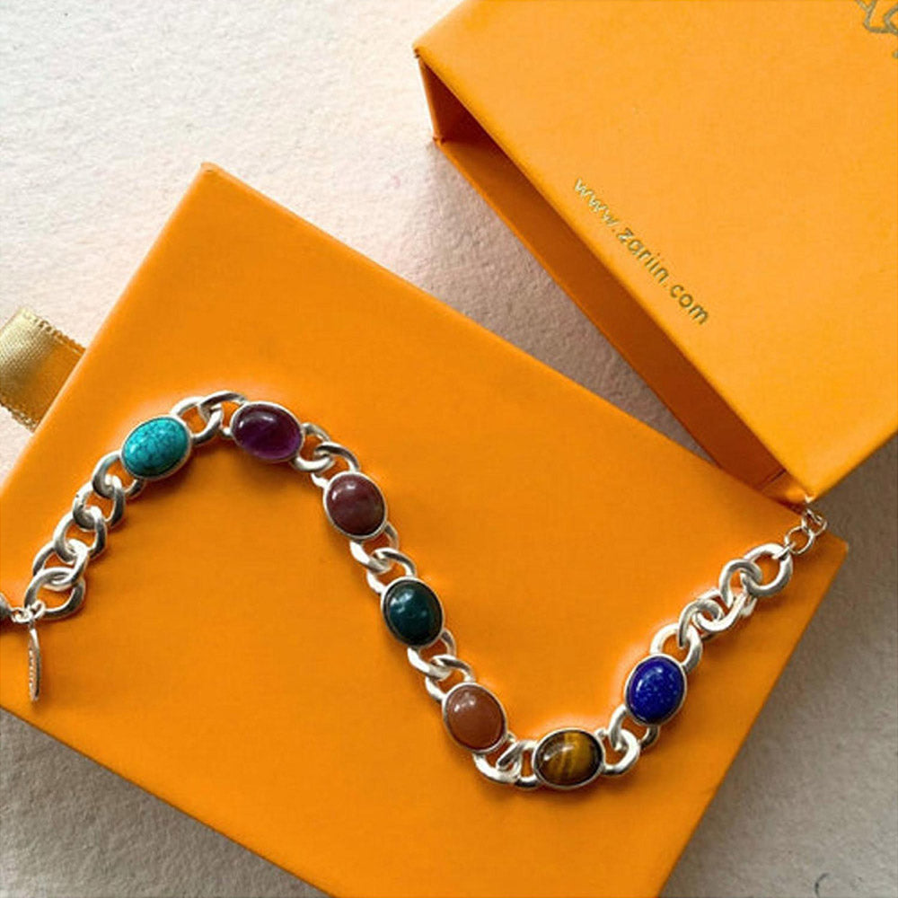 ZARIIN 7 Gemstones Chakra Balancing Bracelet, Silver Plated, For Men