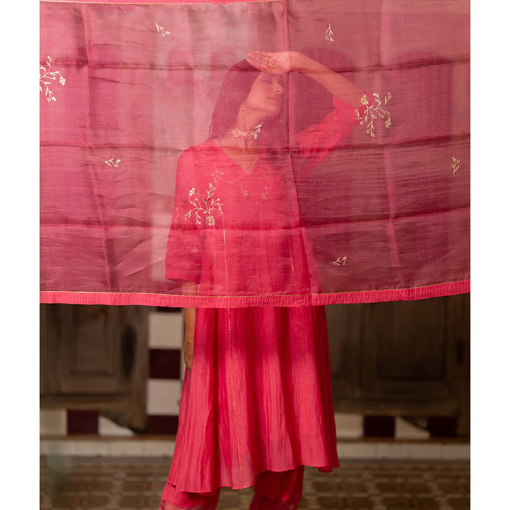 Zebein Phool Jhali Chanderi Silk Side Kali Kurta & Pant Pink (Set of 2)