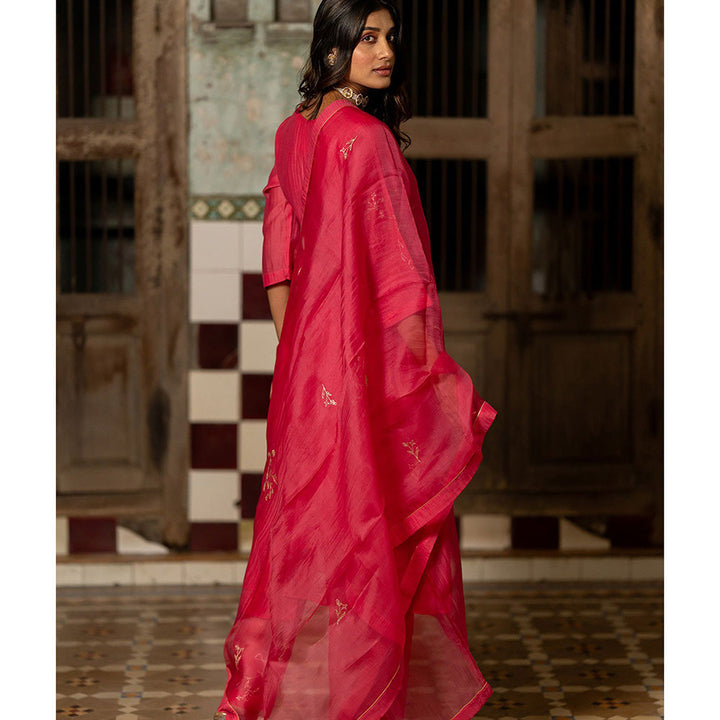 Zebein Phool Jhali Chanderi Silk Side Kali Kurta & Pant Pink (Set of 2)