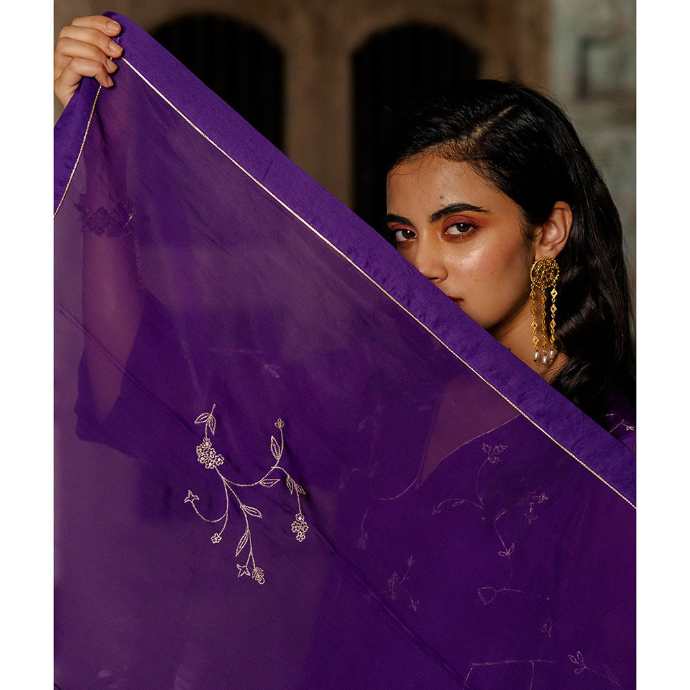 Zebein Phool Jali Chanderi Silk Side Kali Kurta & Pant Purple (Set of 2)